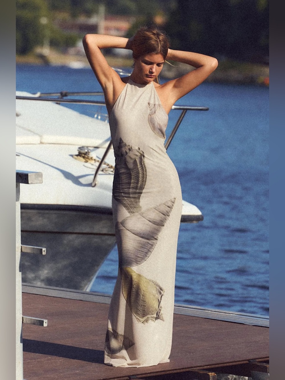 Zara Sleeveless Seashell-Print Maxi Dress in Beige